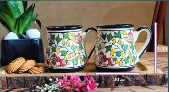 Niyara Stoneware Handmade Premium Ceramic Tea Cups and Coffee Mugs Ceramic Mugs to Gift to Best Friend Microwave Dishwasher Safe - Set of 2, 320ml (Leaf & Flower Design)