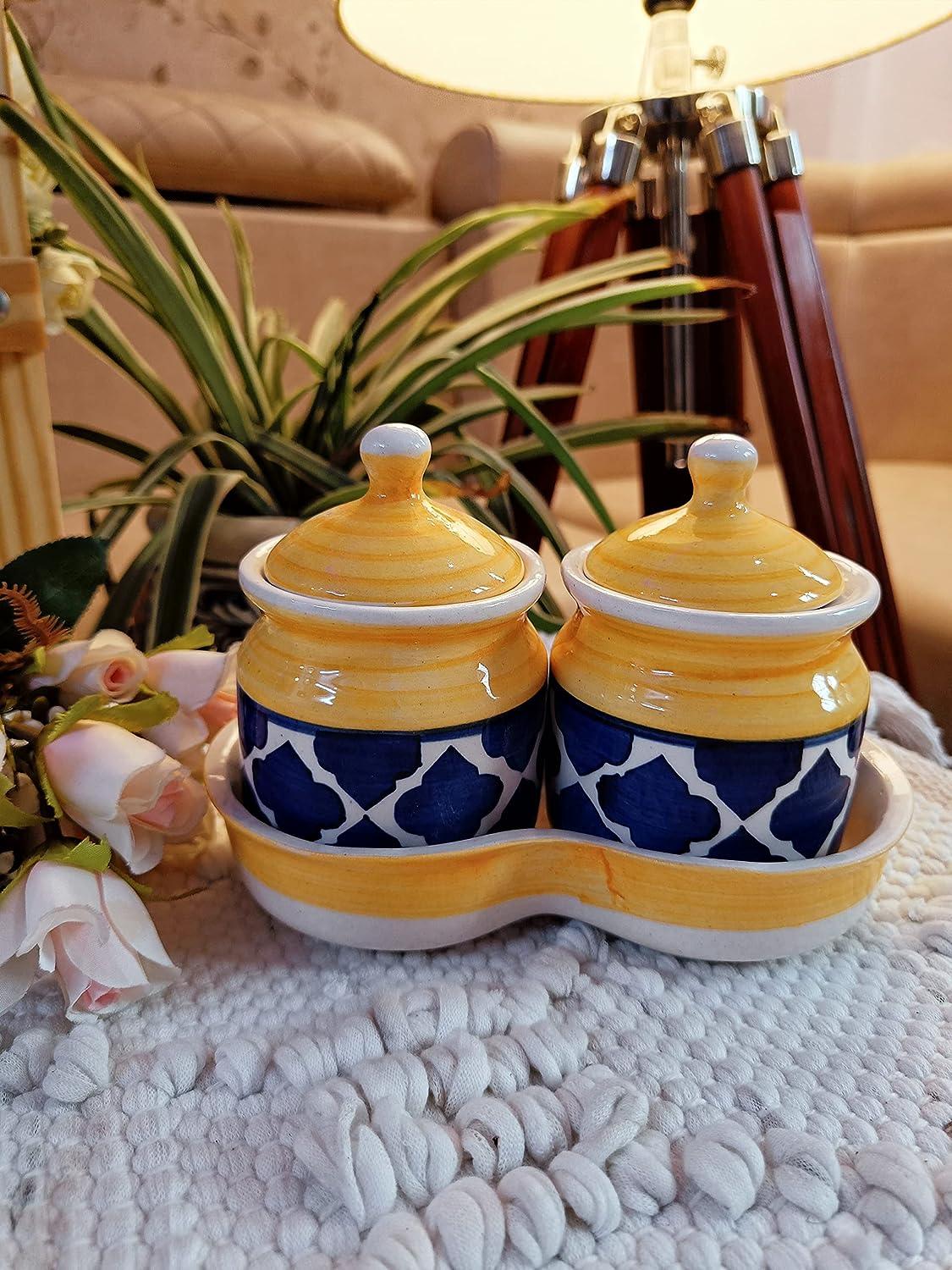 Ceramic Handpainted Multipurpose Storage Ceramic Jars & Containers with Lid ,Tray (Yellow& Blue)