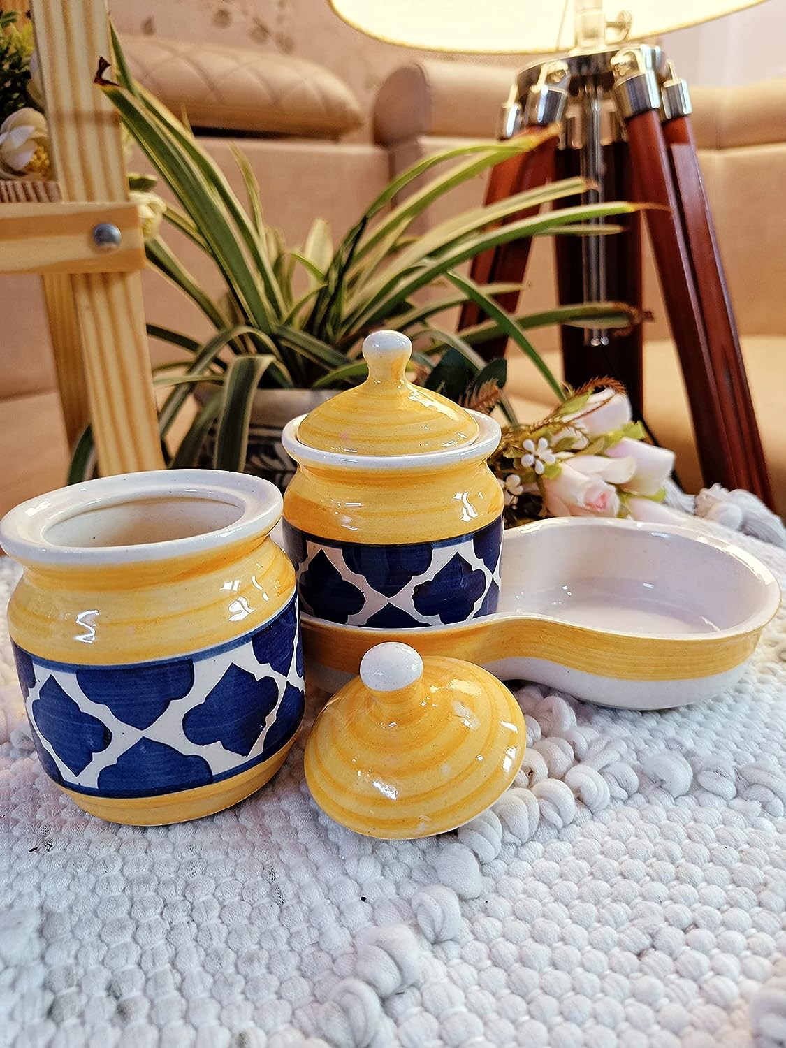 Ceramic Handpainted Multipurpose Storage Ceramic Jars & Containers with Lid ,Tray (Yellow& Blue)