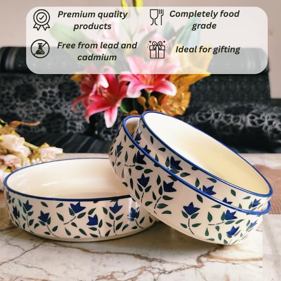 Blue Leaf Design Ceramic Salad Bowls Set of 3