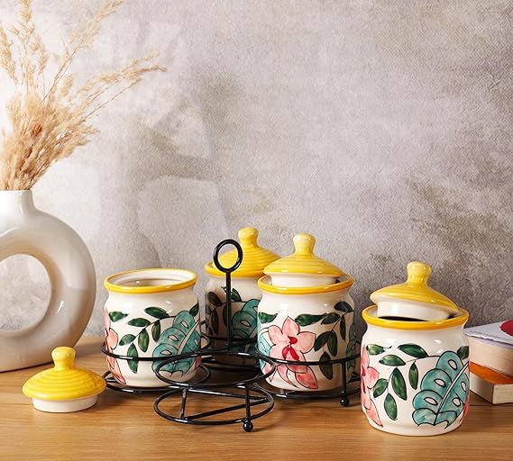 Flower printed Handcrafted Ceramic Pickle Jar Set of 4