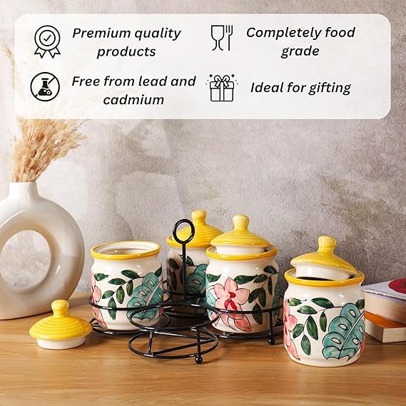 Flower printed Handcrafted Ceramic Pickle Jar Set of 4