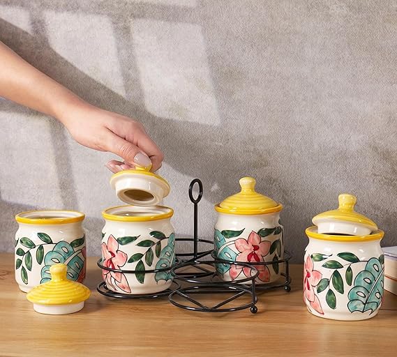 Flower printed Handcrafted Ceramic Pickle Jar Set of 4