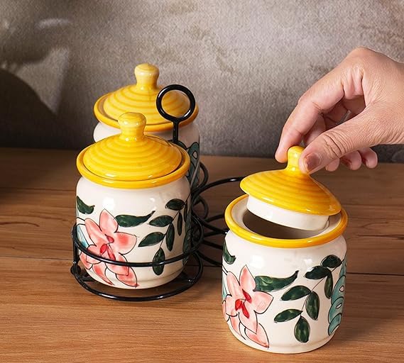 Flower printed Handcrafted Ceramic Pickle Jar Set of 3