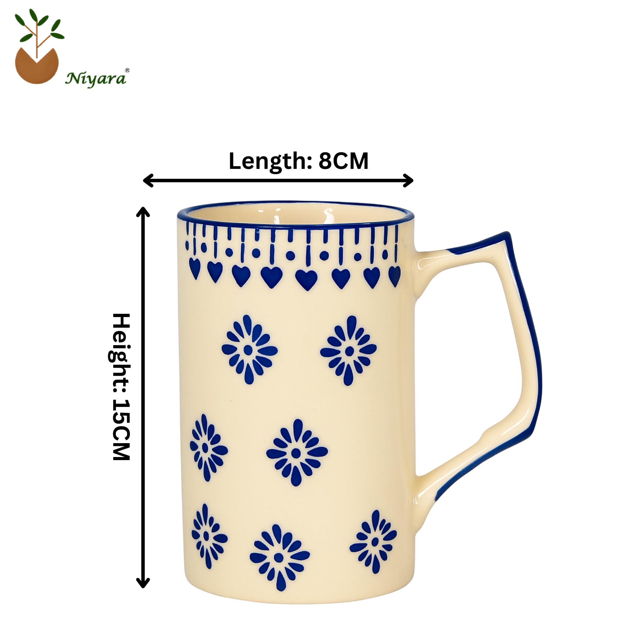 Blue Floral Design Ceramic Beer Mug (Set of 2)