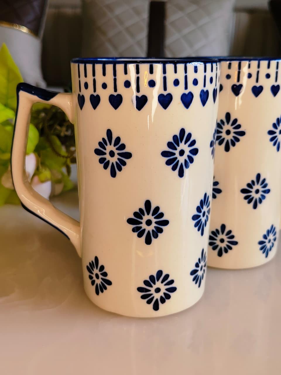 Blue Floral Design Ceramic Beer Mug (Set of 2)