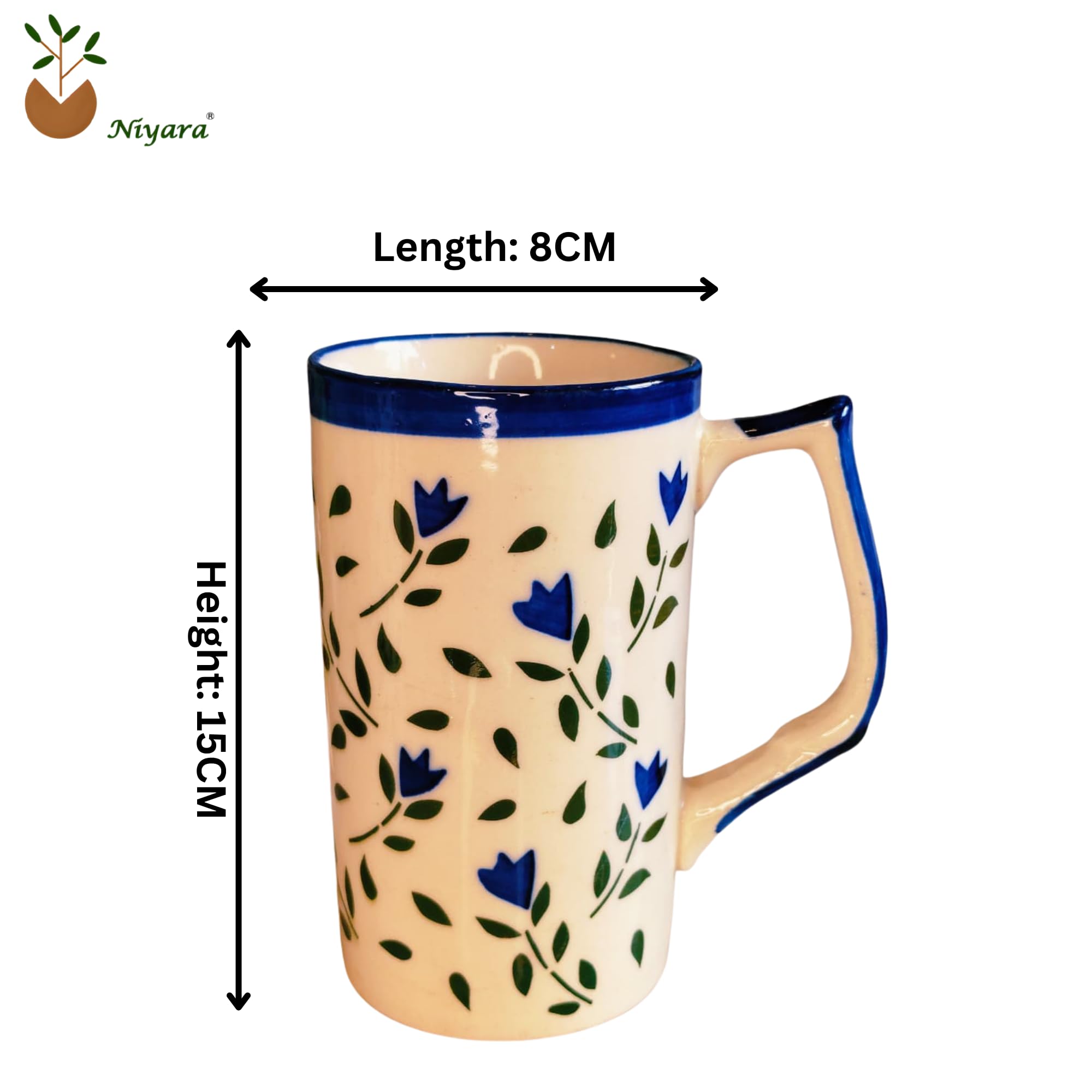 Ceramic Blue Flower Design Mugs for Beer, Cocktails & Drinks | 600 ML Each, Set of 2