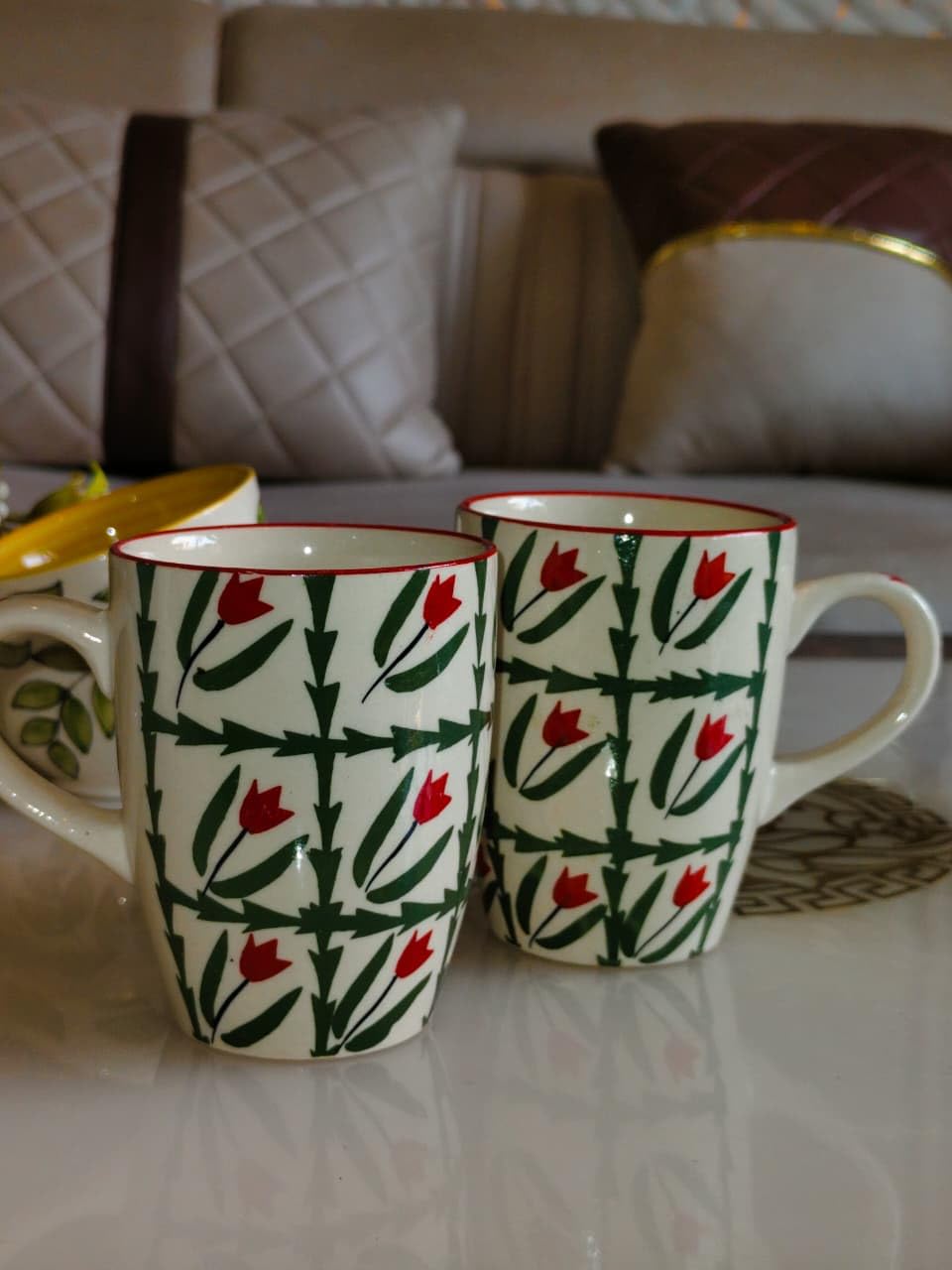 Red Tulip & Green Leaf Block Design Ceramic Coffee Mug, 300 ML Each (Set of 2)