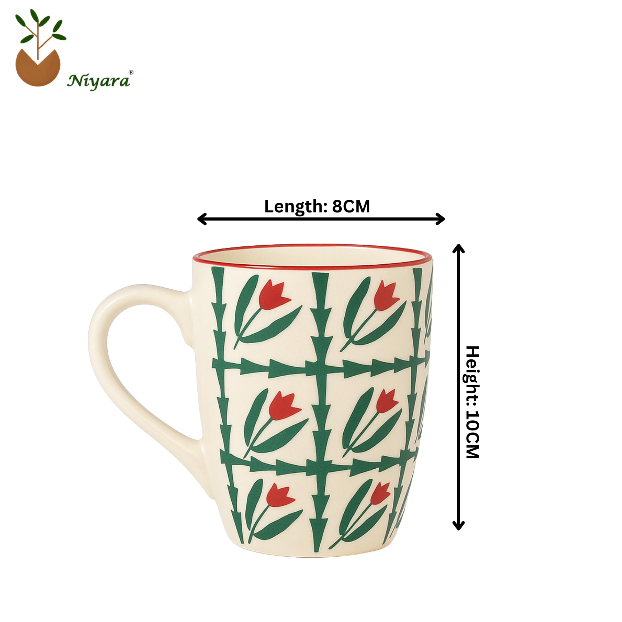 Red Tulip & Green Leaf Block Design Ceramic Coffee Mug, 300 ML Each (Set of 2)