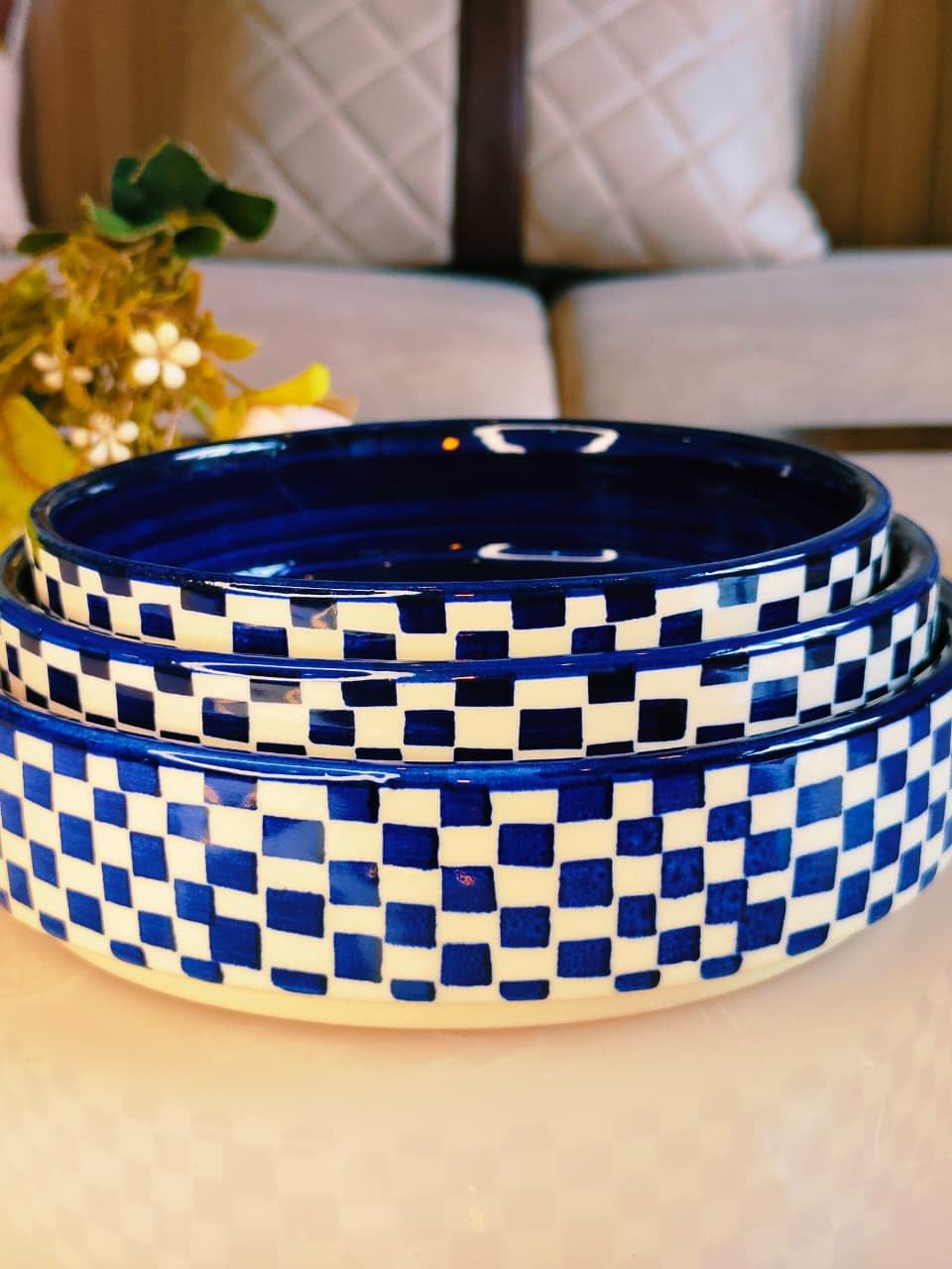 Blue & White Checkered Pattern Ceramic Serving Bowls , Set of 3