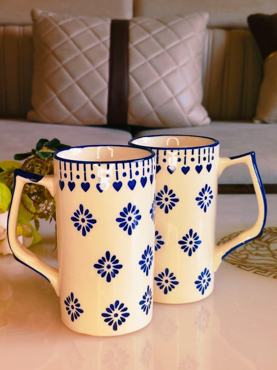 Blue Floral Design Ceramic Beer Mug (Set of 2)