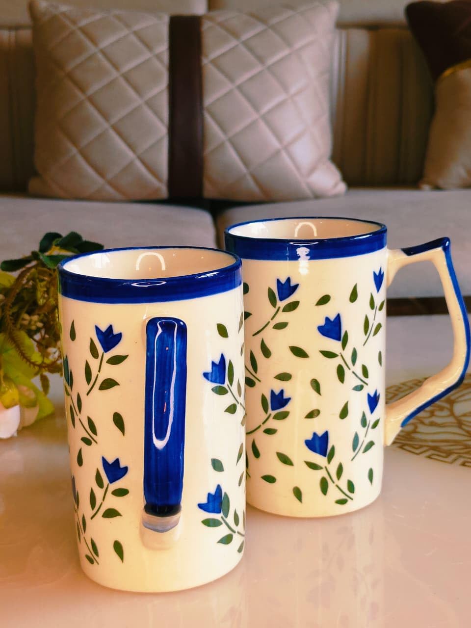 Ceramic Blue Flower Design Mugs for Beer, Cocktails & Drinks | 600 ML Each, Set of 2