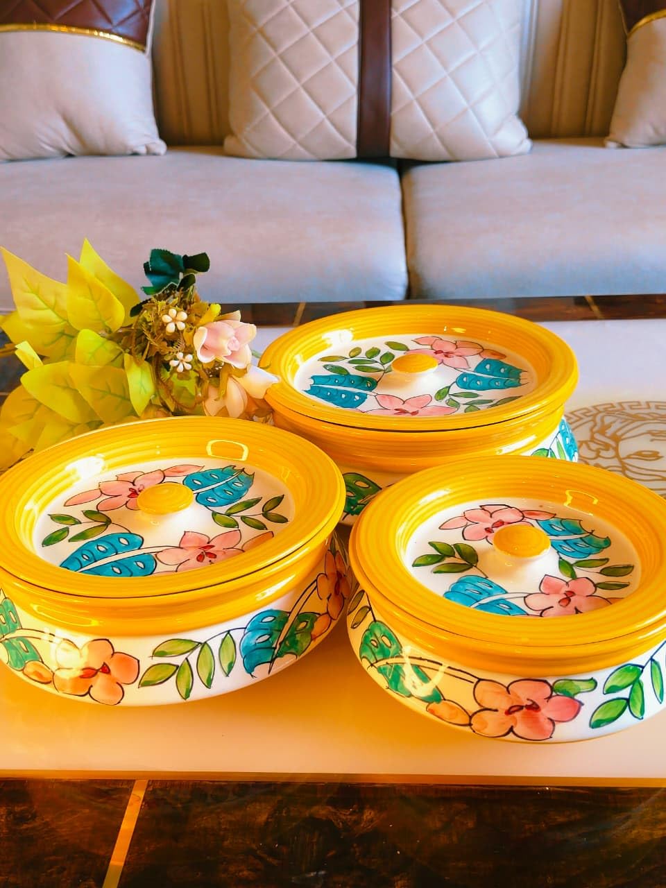 Yellow Floral Printed Ceramic Casserole Set of 3 with Lids