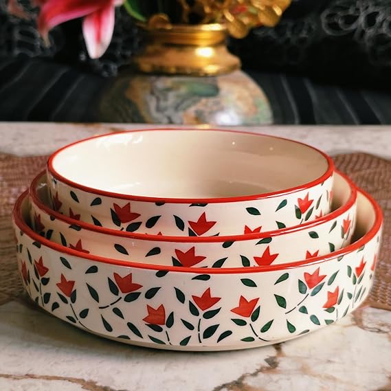 Red leaf design Ceramic Salad Bowl Set of 3