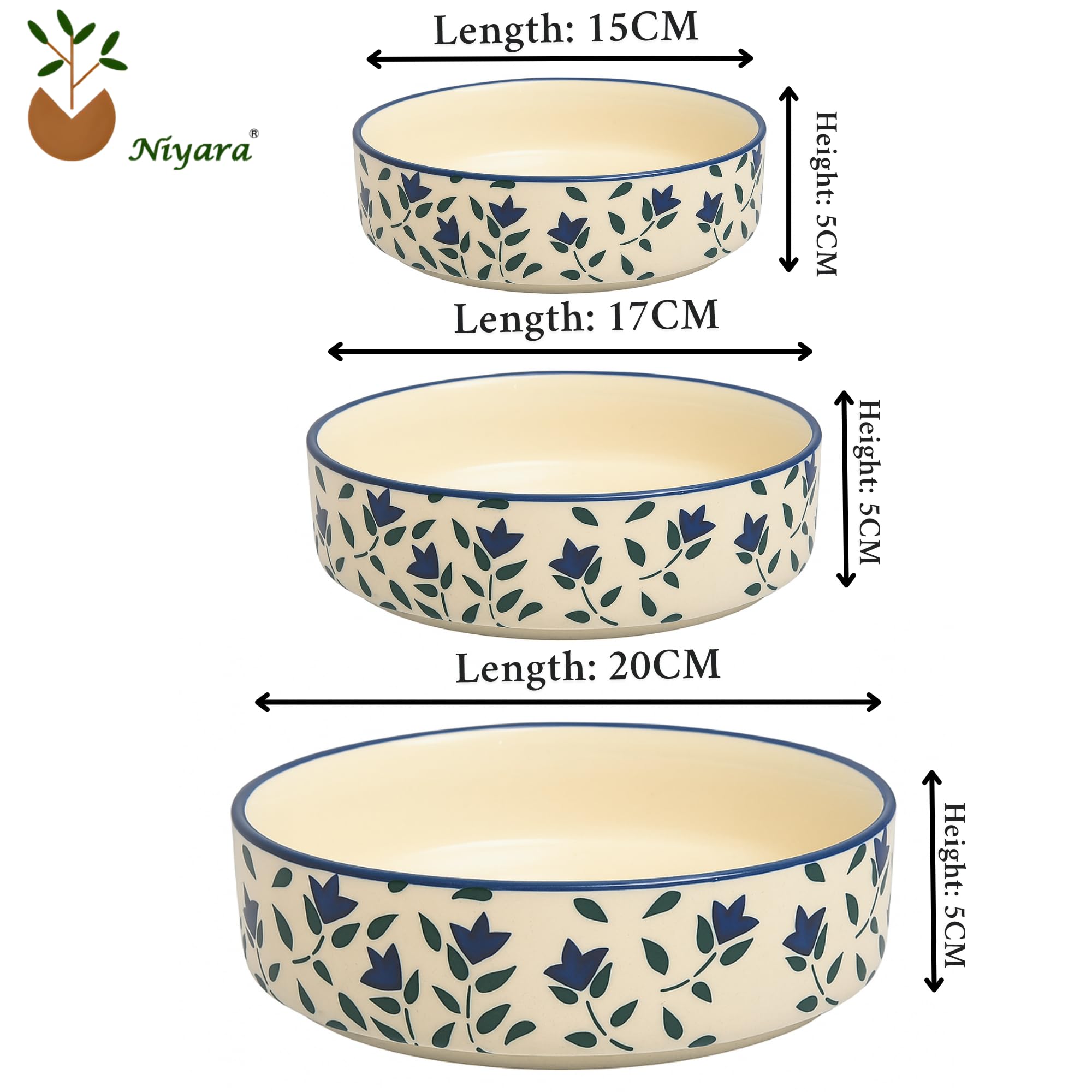 Blue Leaf Design Ceramic Salad Bowls Set of 3