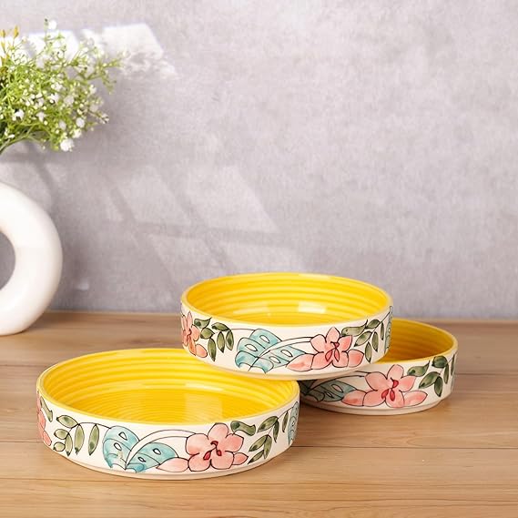 Yellow flower print salad bowl set of 3