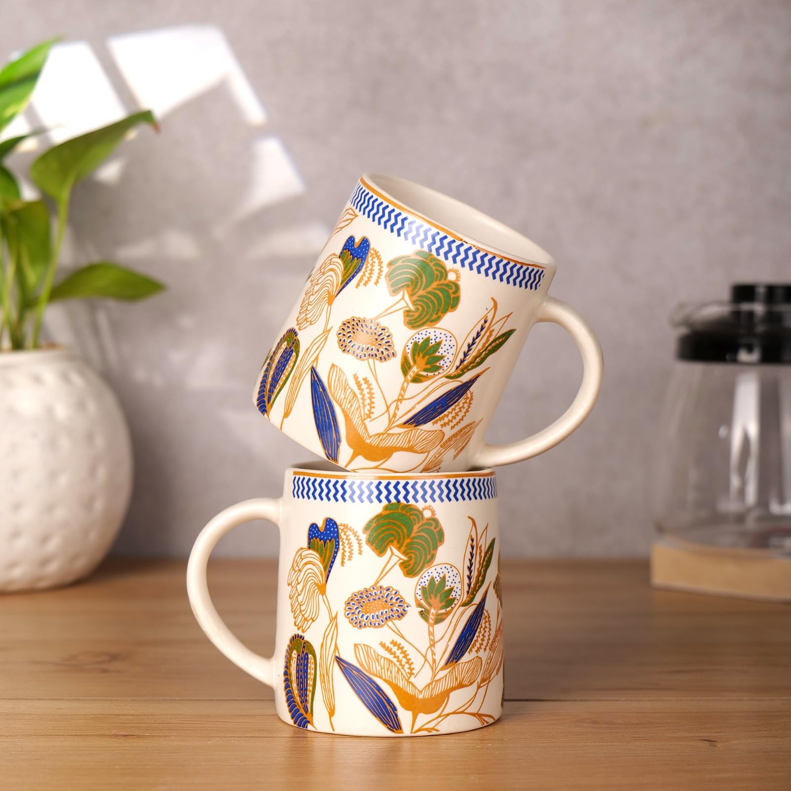 Blue leaf printed Mug set of 2