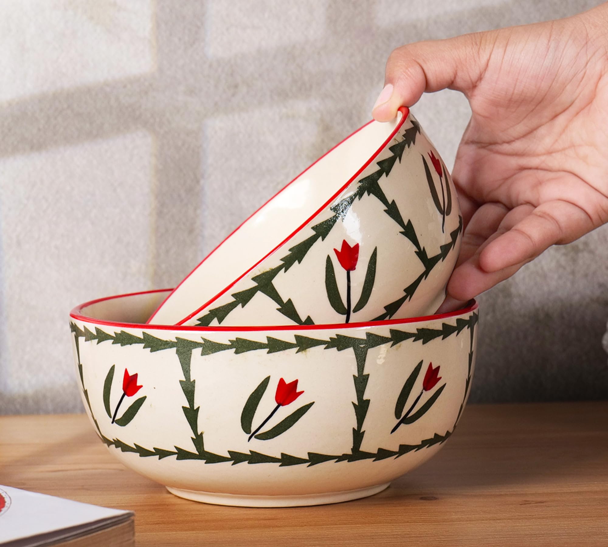 Handmade Ceramic Bowls Green leaf design Set of 2