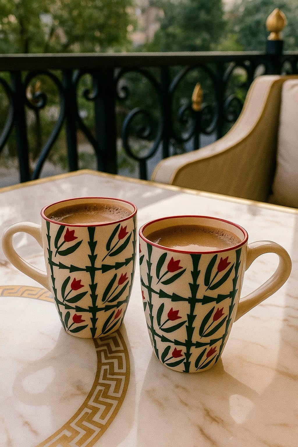 Red Tulip & Green Leaf Block Design Ceramic Coffee Mug, 300 ML Each (Set of 2)