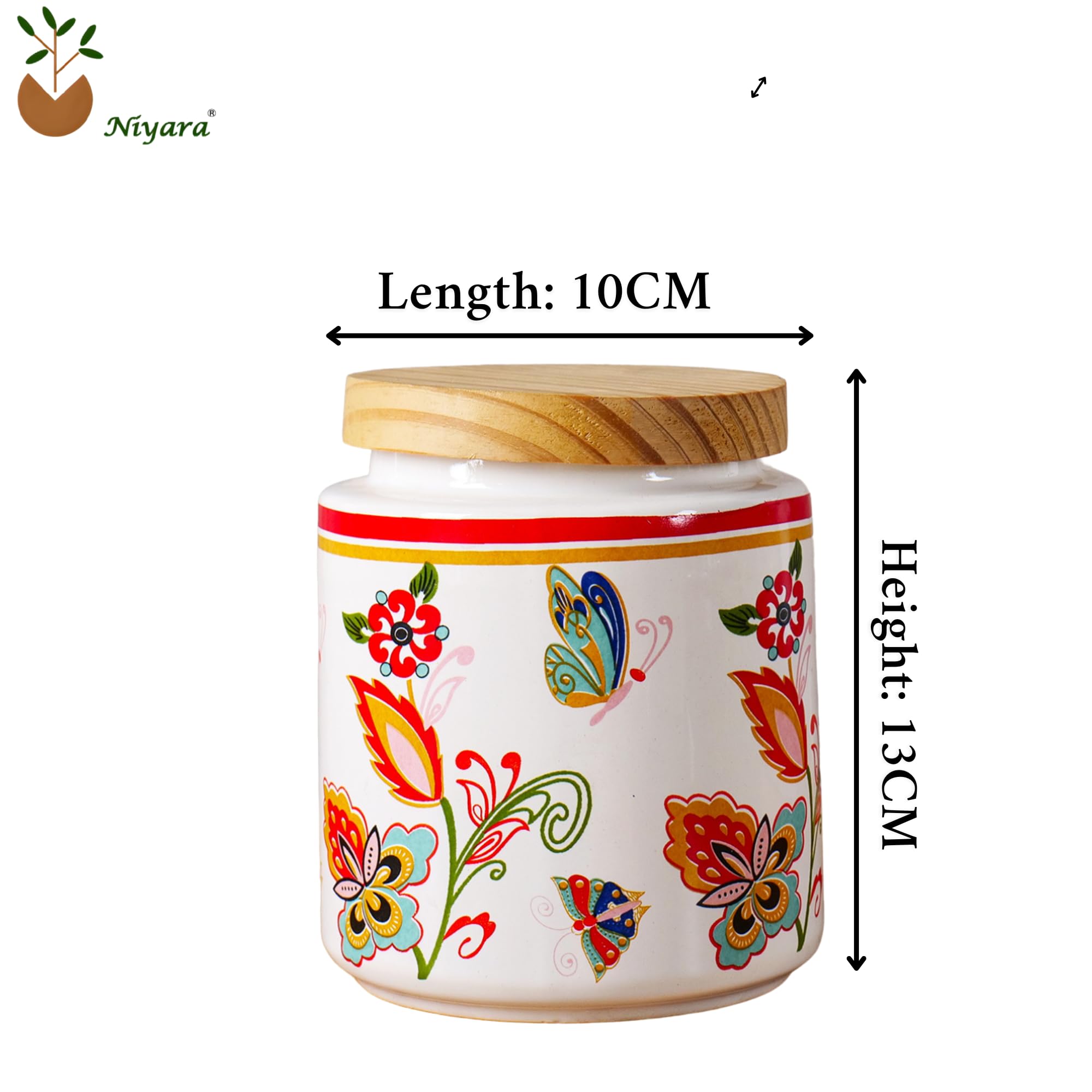 Red flower Ceramic Jar with wooden lid set of 1