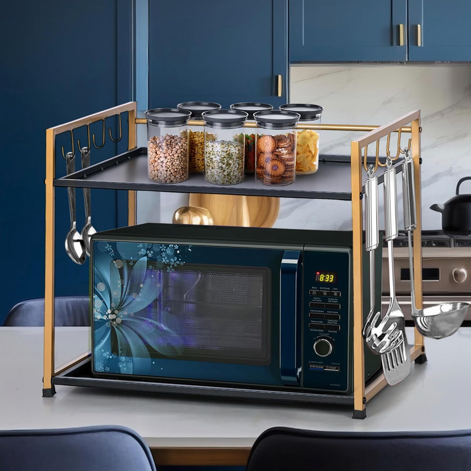 Metal Microwave Stand (Black with Gold)
