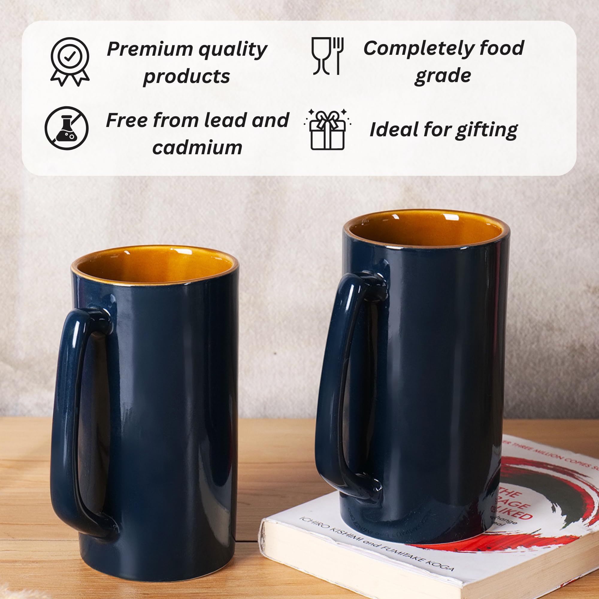 Large Navy Blue Ceramic Beer Mug set of 2