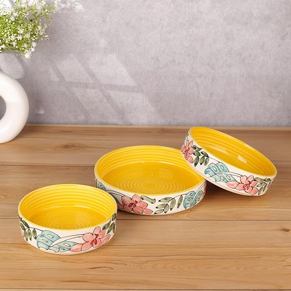 Yellow flower print salad bowl set of 3