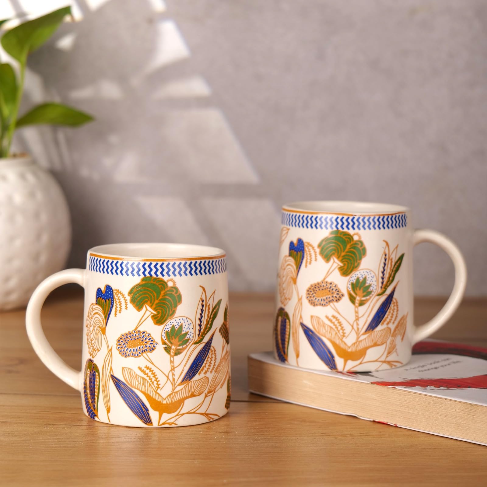 Blue leaf printed Mug set of 2