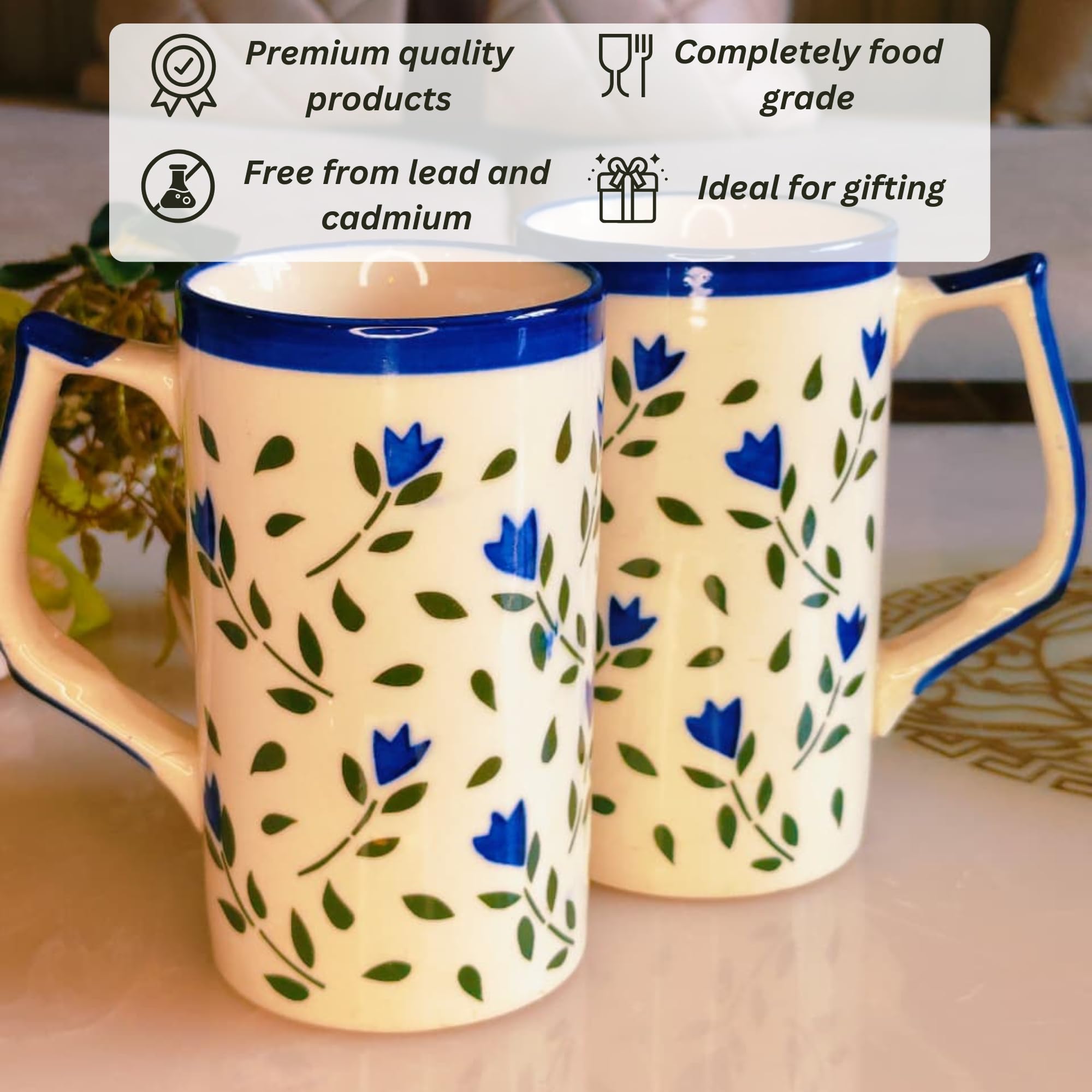 Ceramic Blue Flower Design Mugs for Beer, Cocktails & Drinks | 600 ML Each, Set of 2