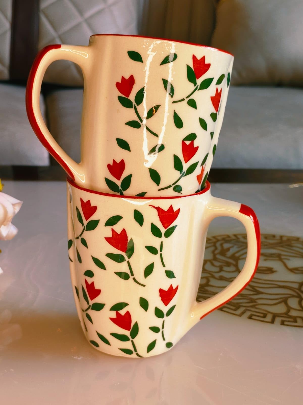Red Floral & Green Leaf Design Ceramic Coffee Mug, 300 ML Each (Set of 2)