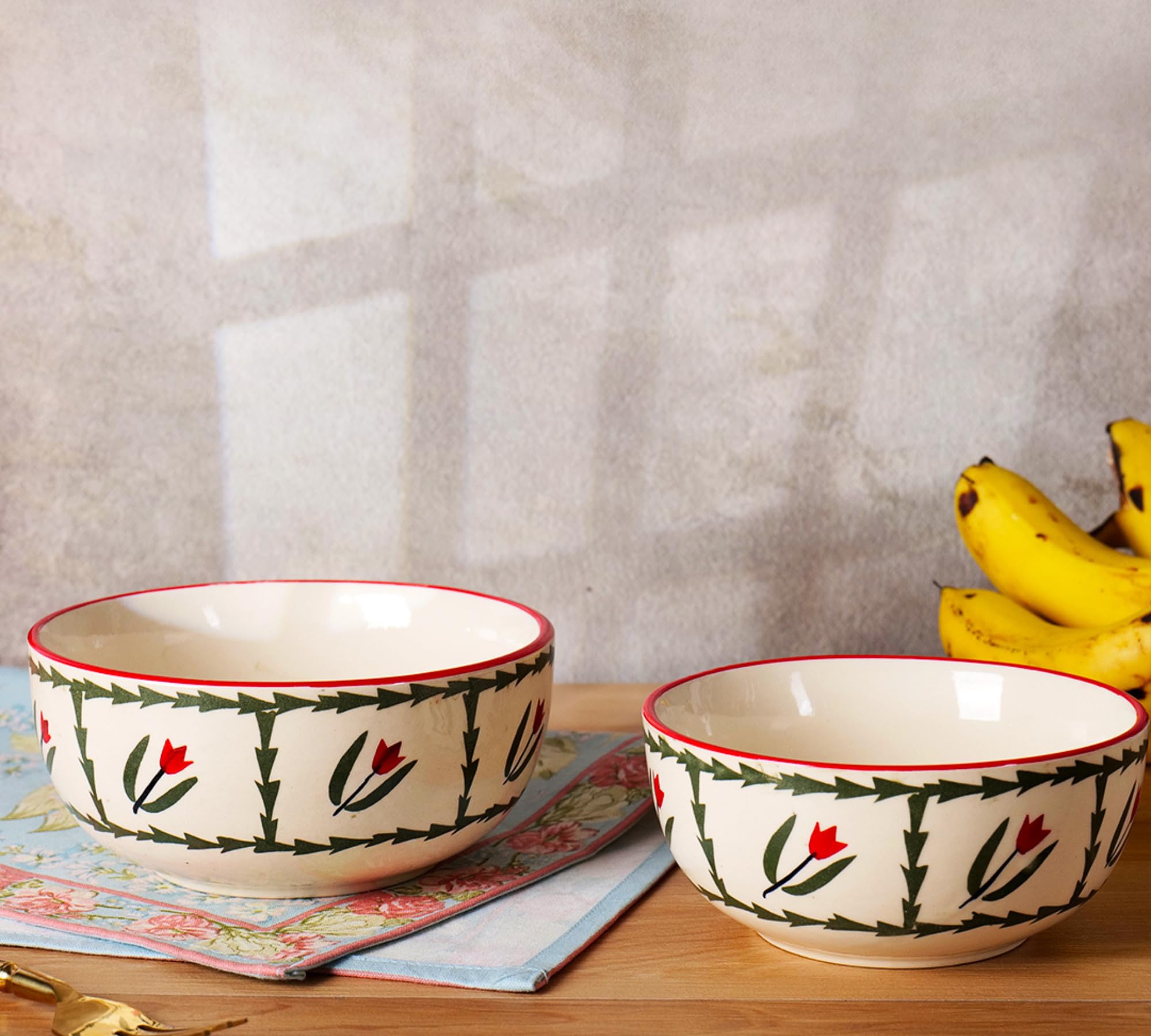 Handmade Ceramic Bowls Green leaf design Set of 2
