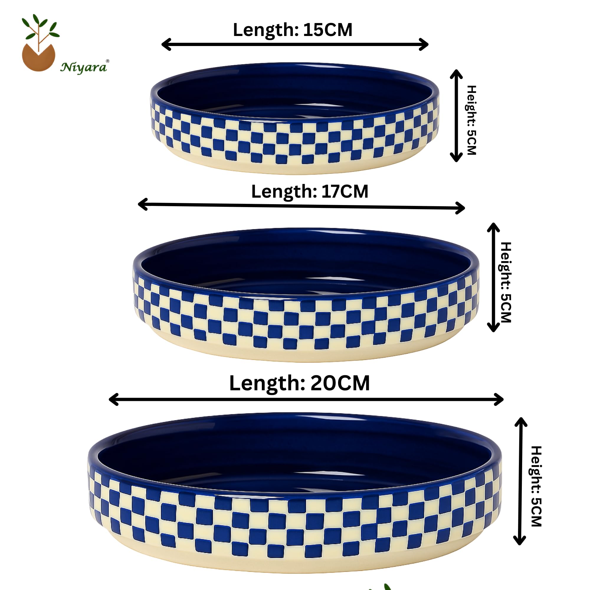 Blue & White Checkered Pattern Ceramic Serving Bowls , Set of 3