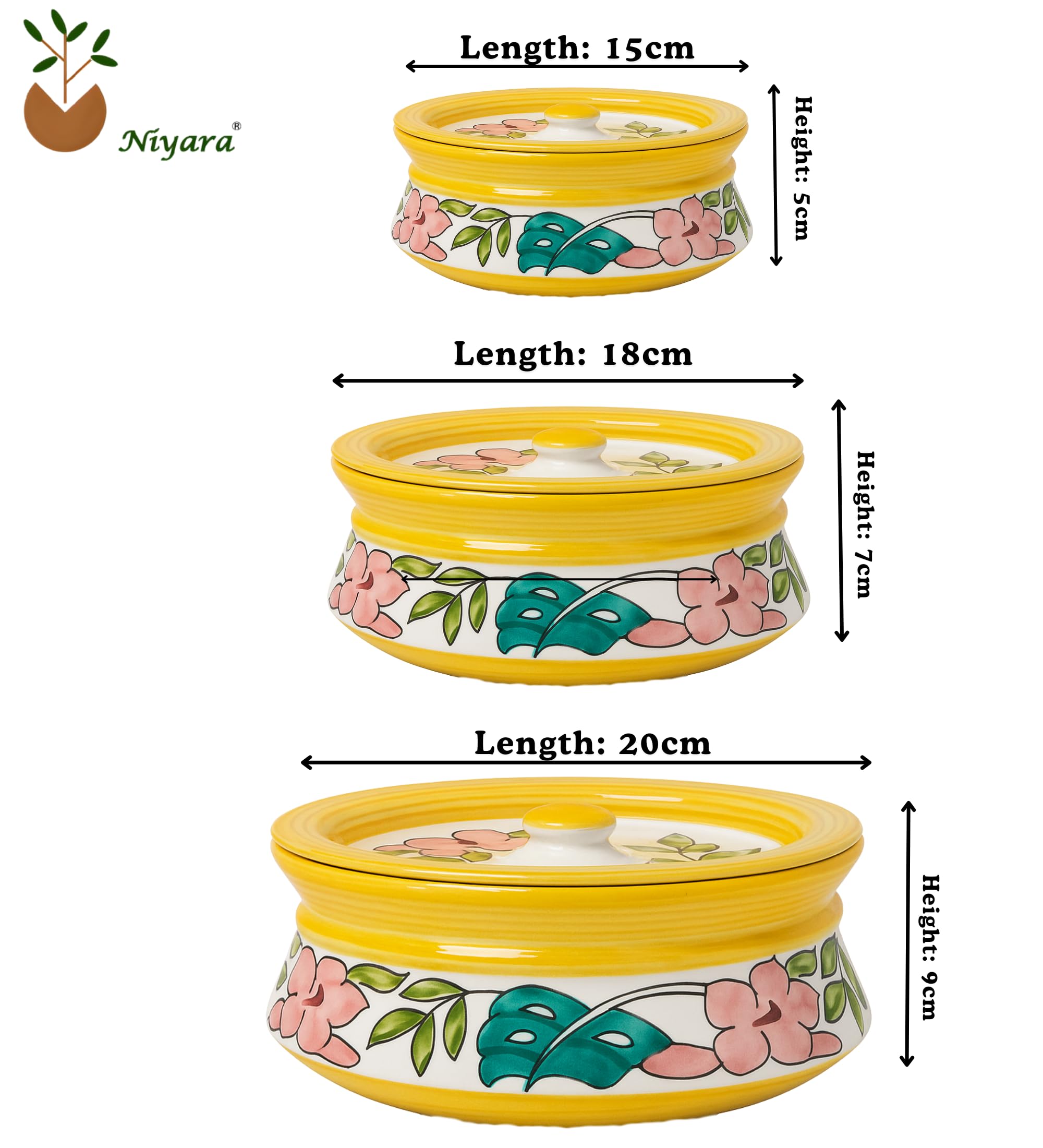 Yellow Floral Printed Ceramic Casserole Set of 3 with Lids