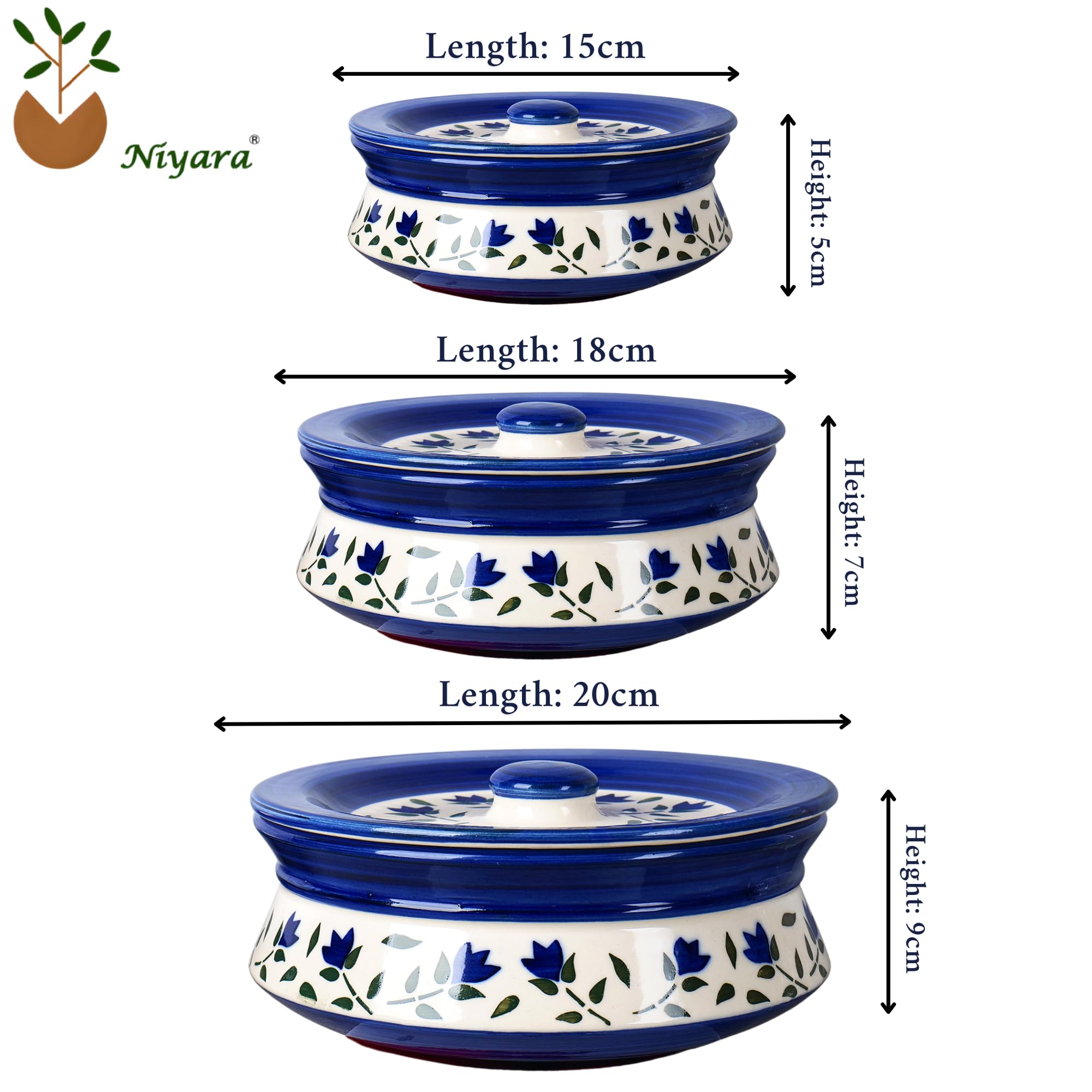 Blue leaf printed casserole set of 3