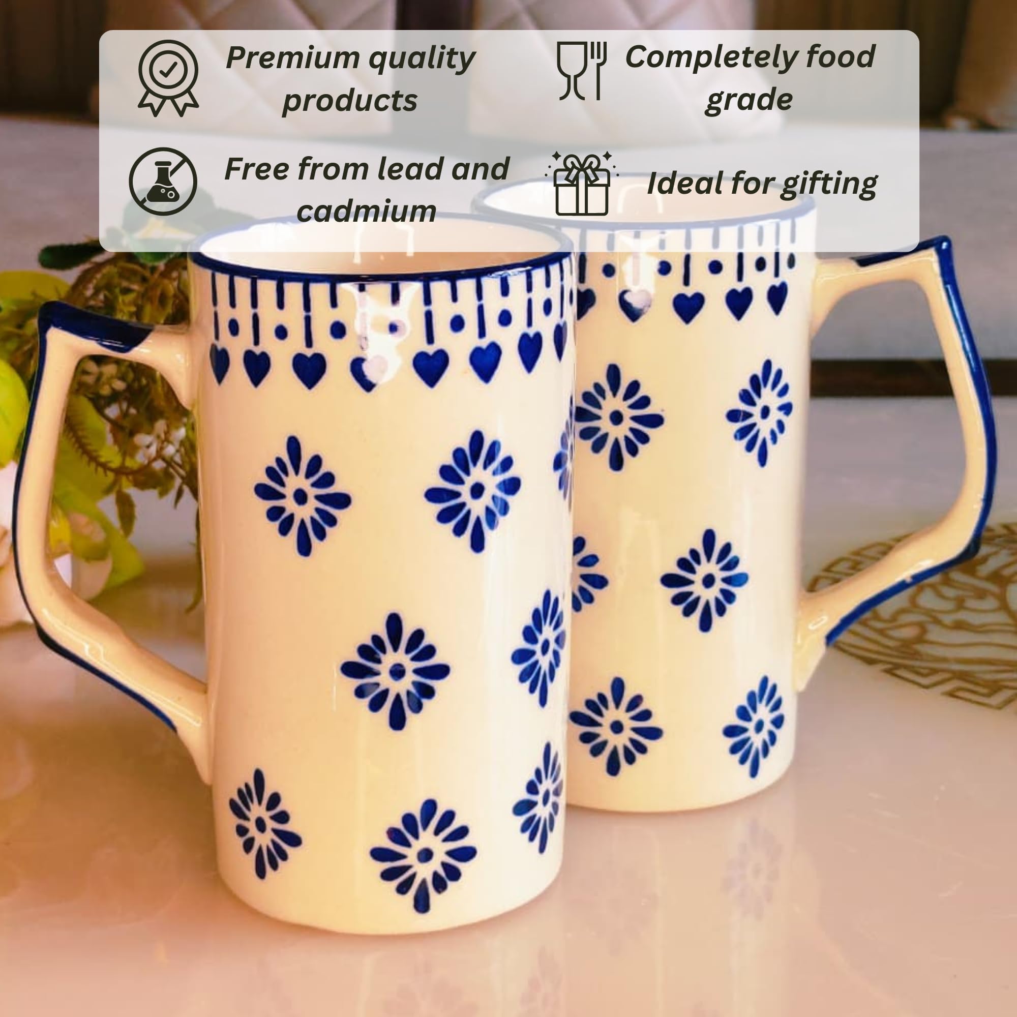 Blue Floral Design Ceramic Beer Mug (Set of 2)