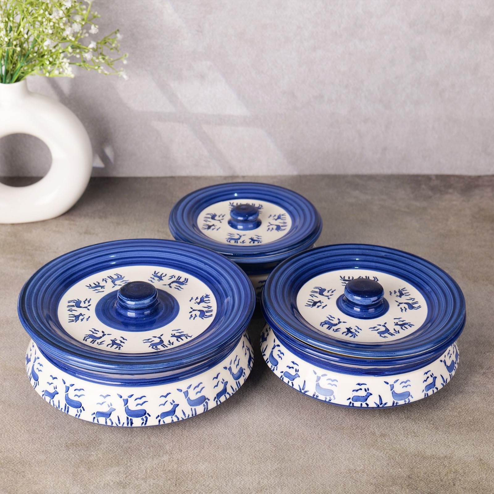 Blue deer printed casserole set of 3