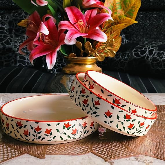 Red leaf design Ceramic Salad Bowl Set of 3