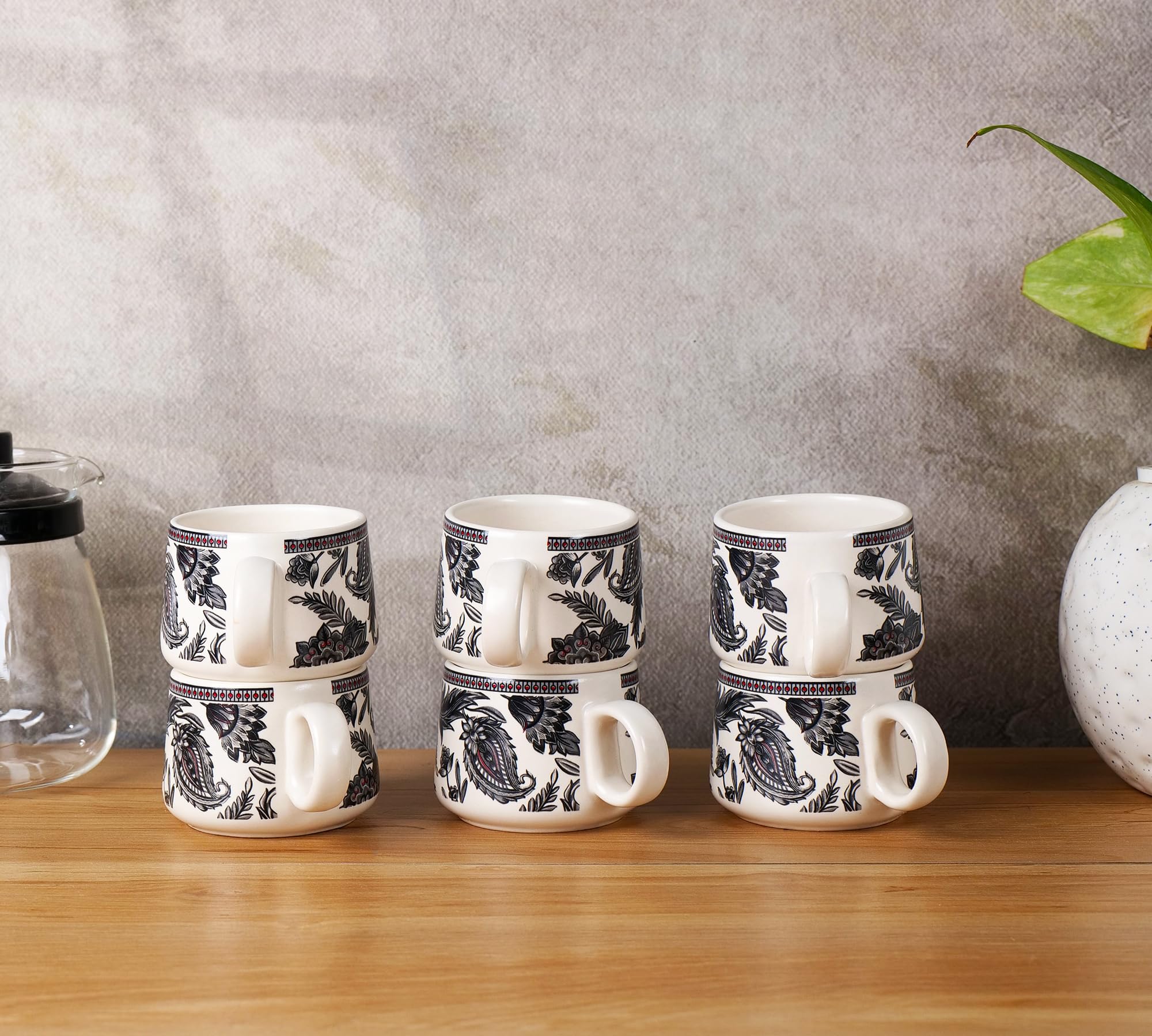 Black leaf design cup set of 6