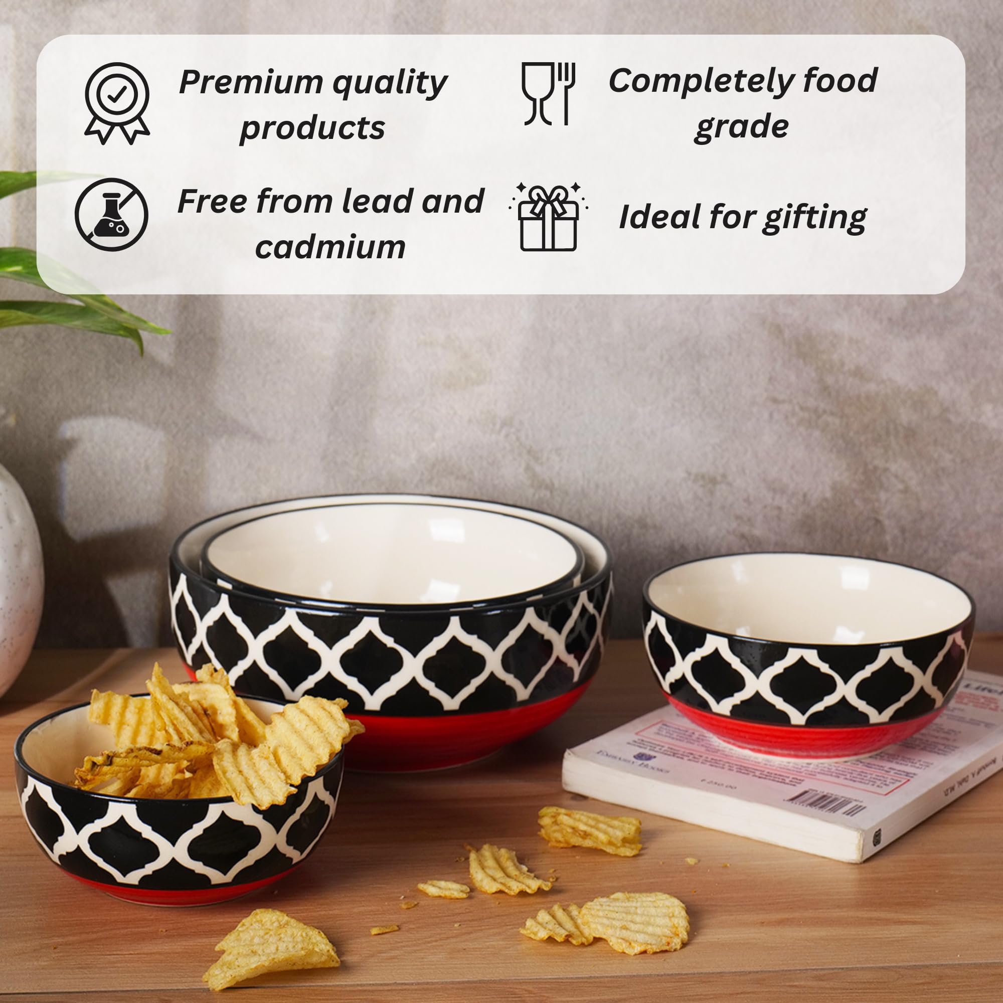 Red and black moroccan design bowl set of 4