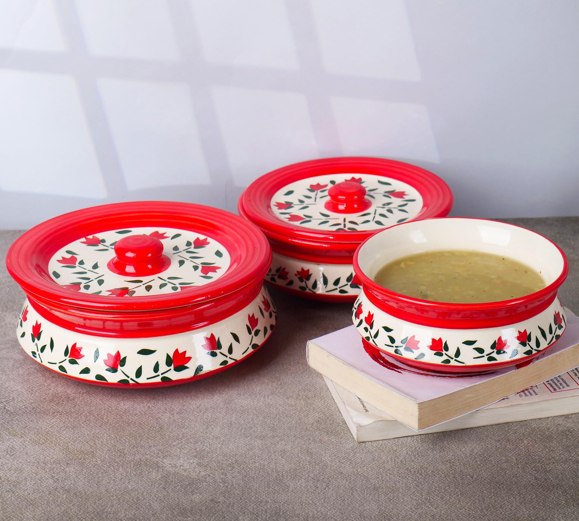 Red leaf printed casserole set of 3