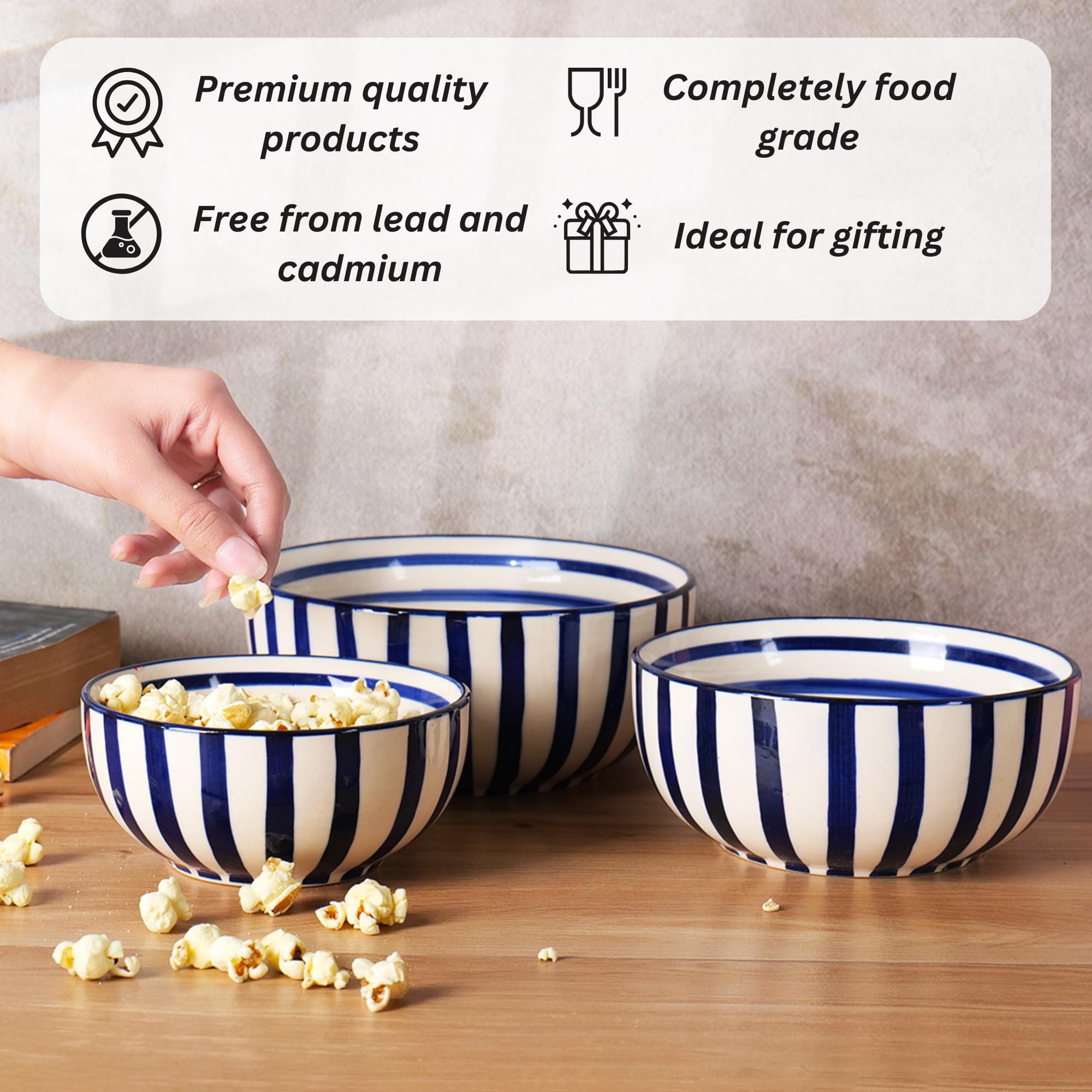 Blue line bowl set of 3