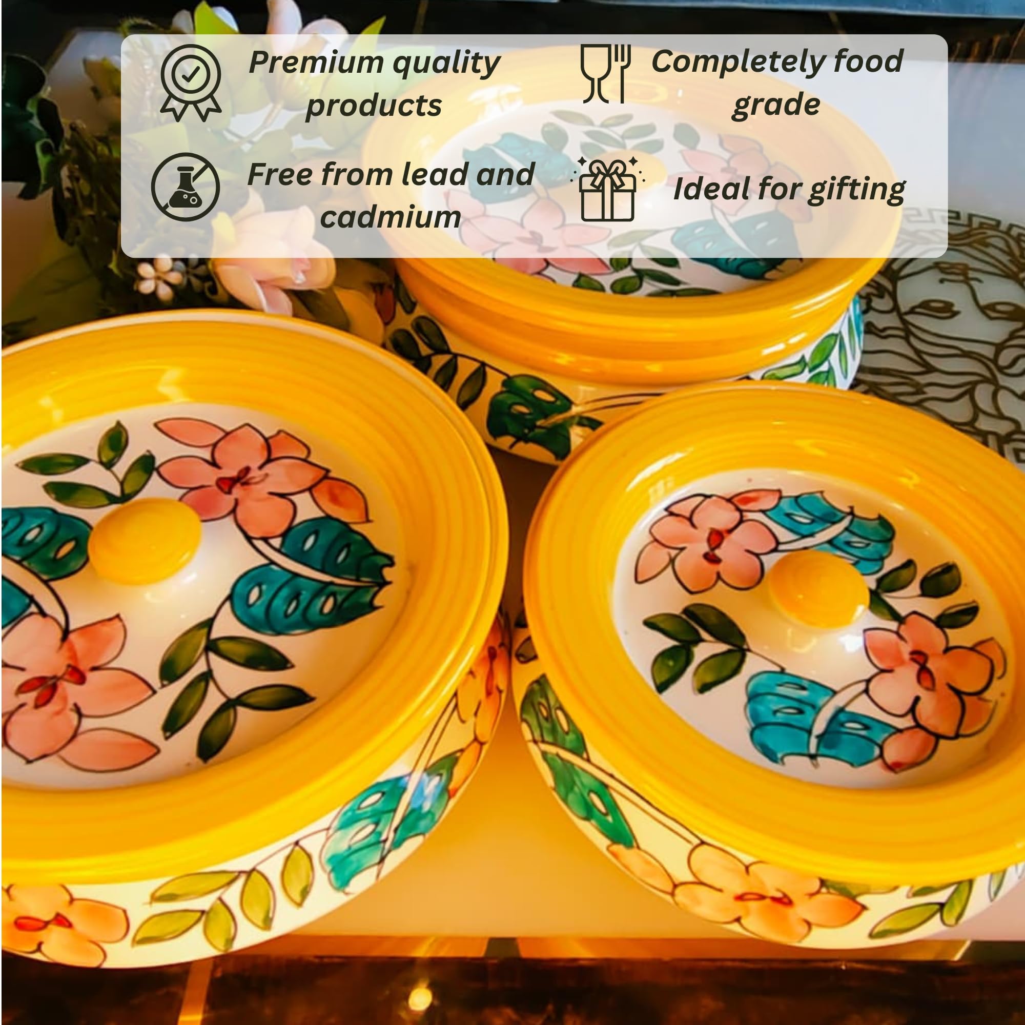 Yellow Floral Printed Ceramic Casserole Set of 3 with Lids