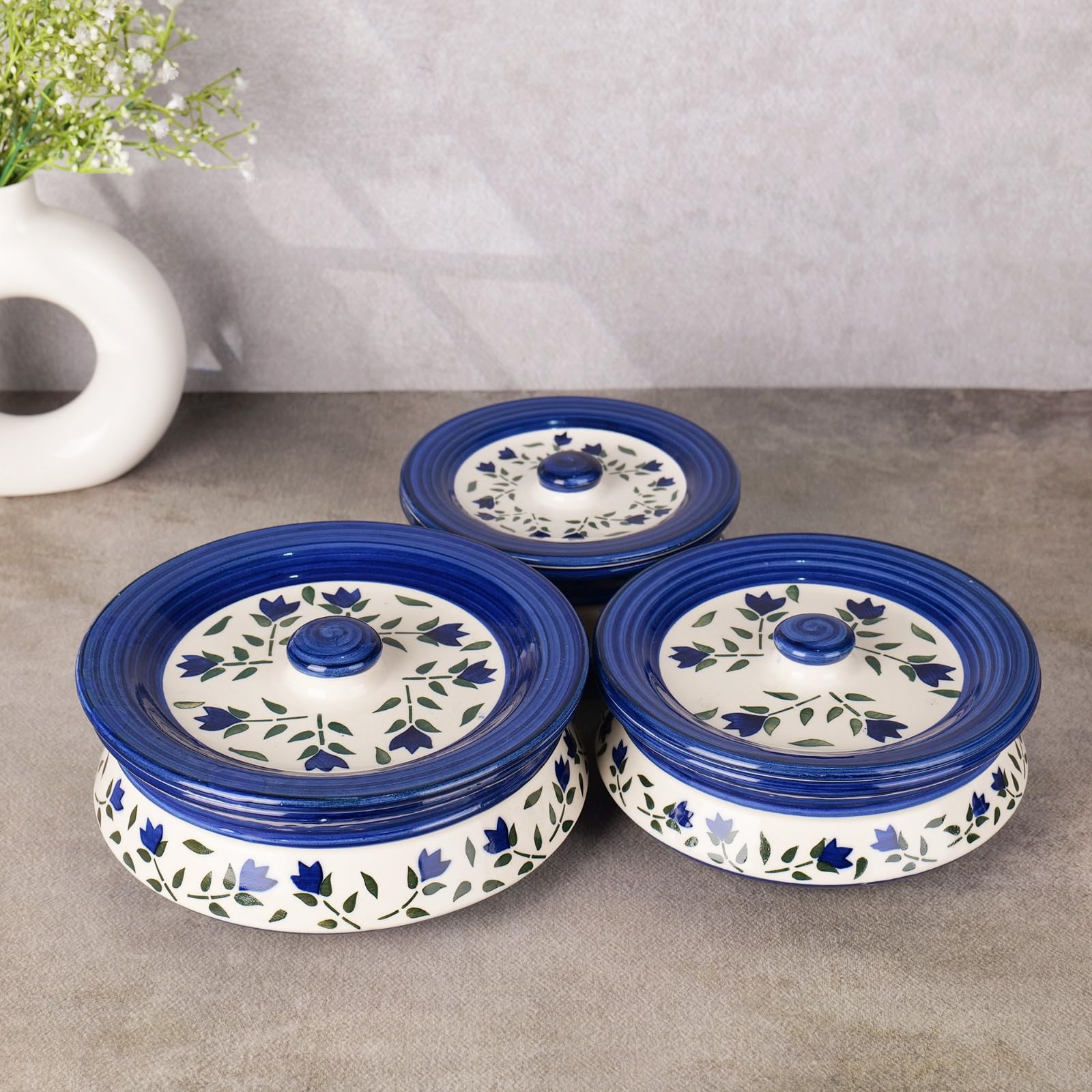 Blue leaf printed casserole set of 3