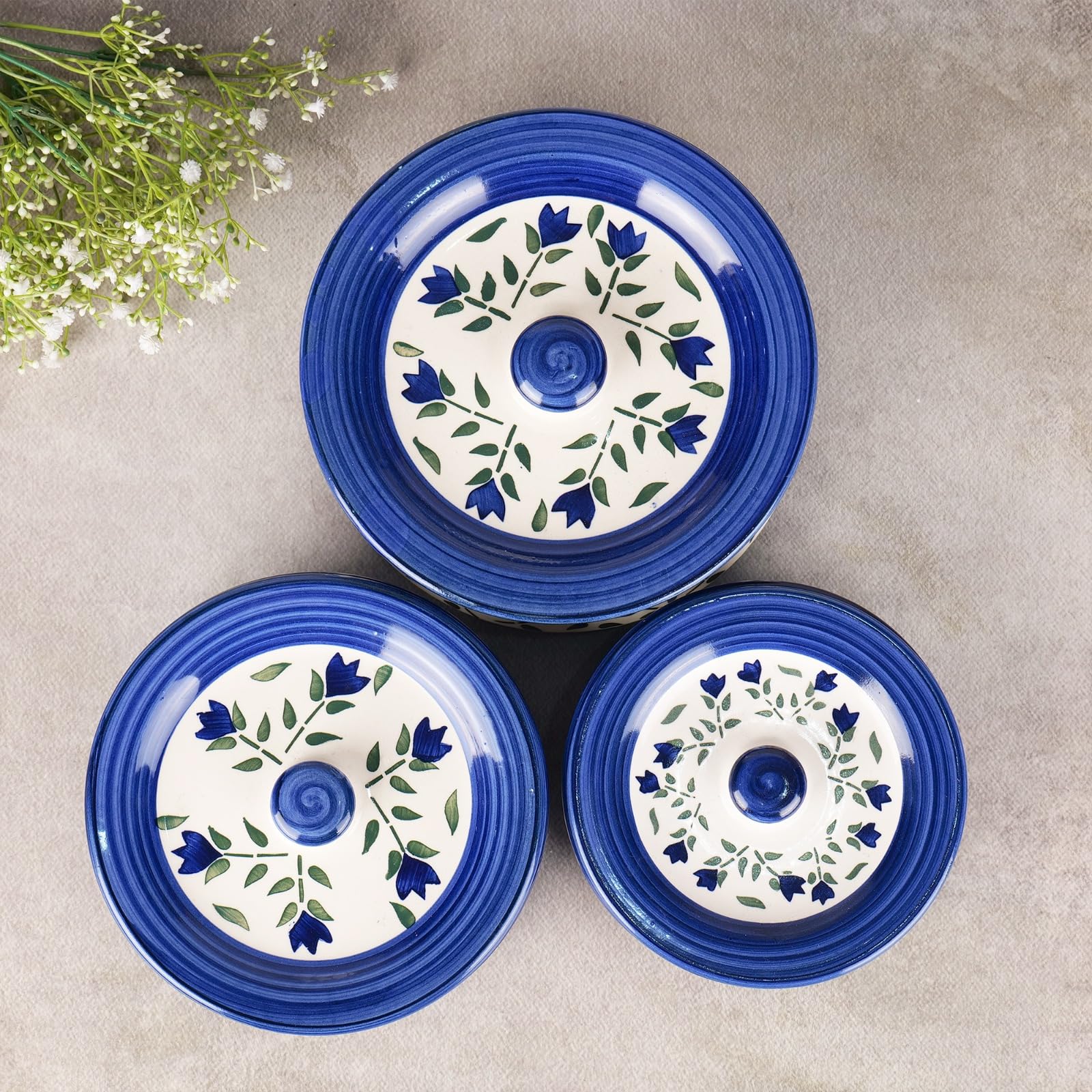 Blue leaf printed casserole set of 3