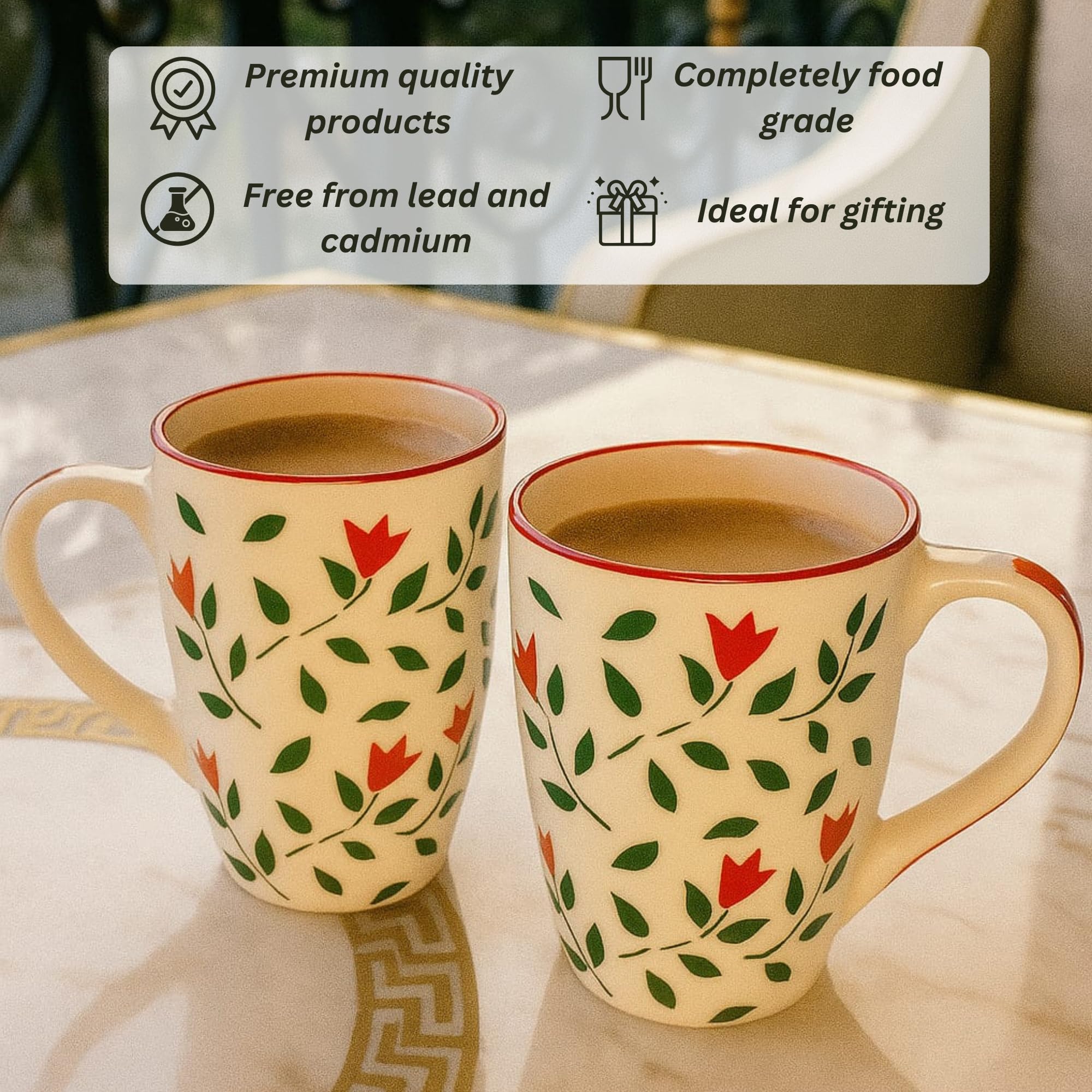 Red Floral & Green Leaf Design Ceramic Coffee Mug, 300 ML Each (Set of 2)