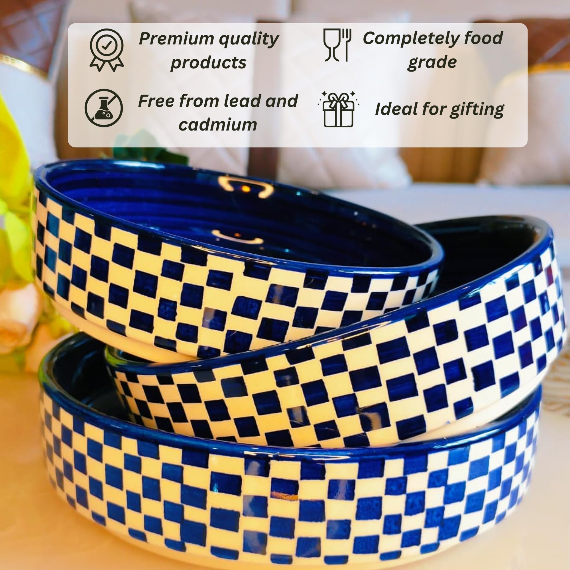 Blue & White Checkered Pattern Ceramic Serving Bowls , Set of 3