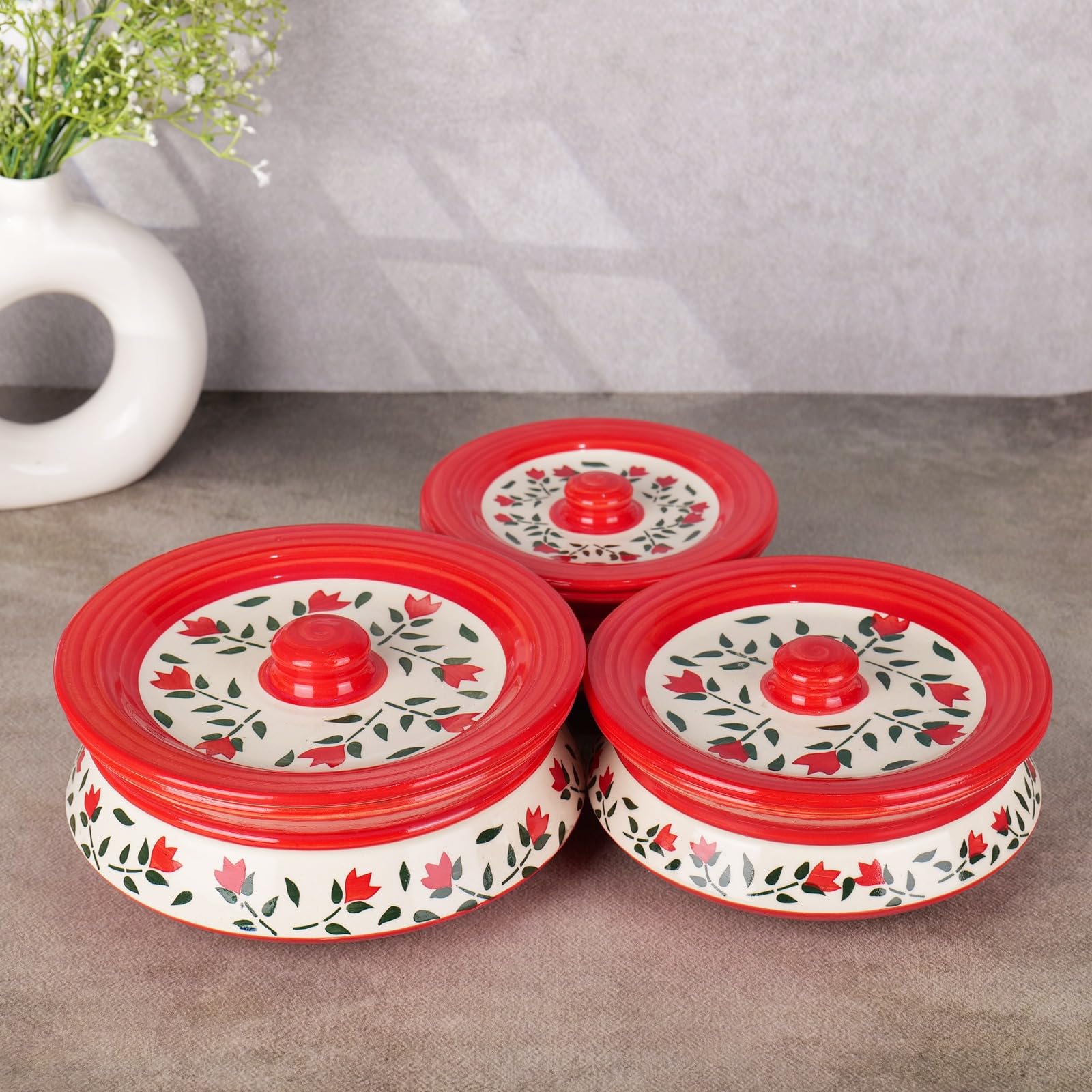 Red leaf printed casserole set of 3