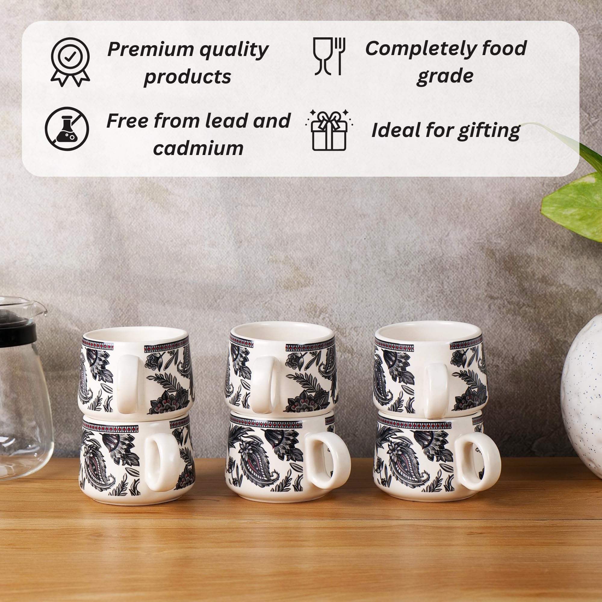 Black leaf design cup set of 6
