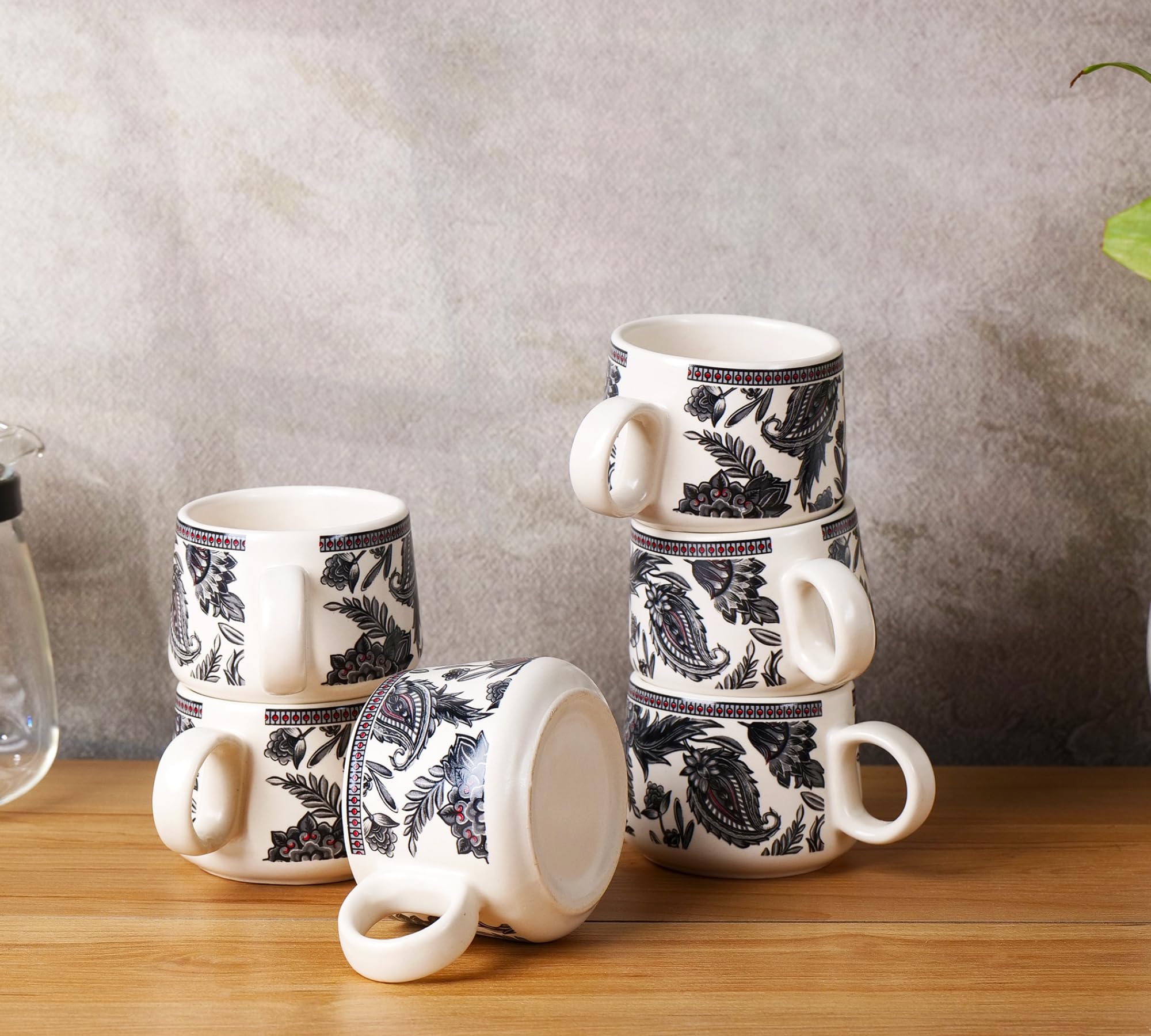 Black leaf design cup set of 6