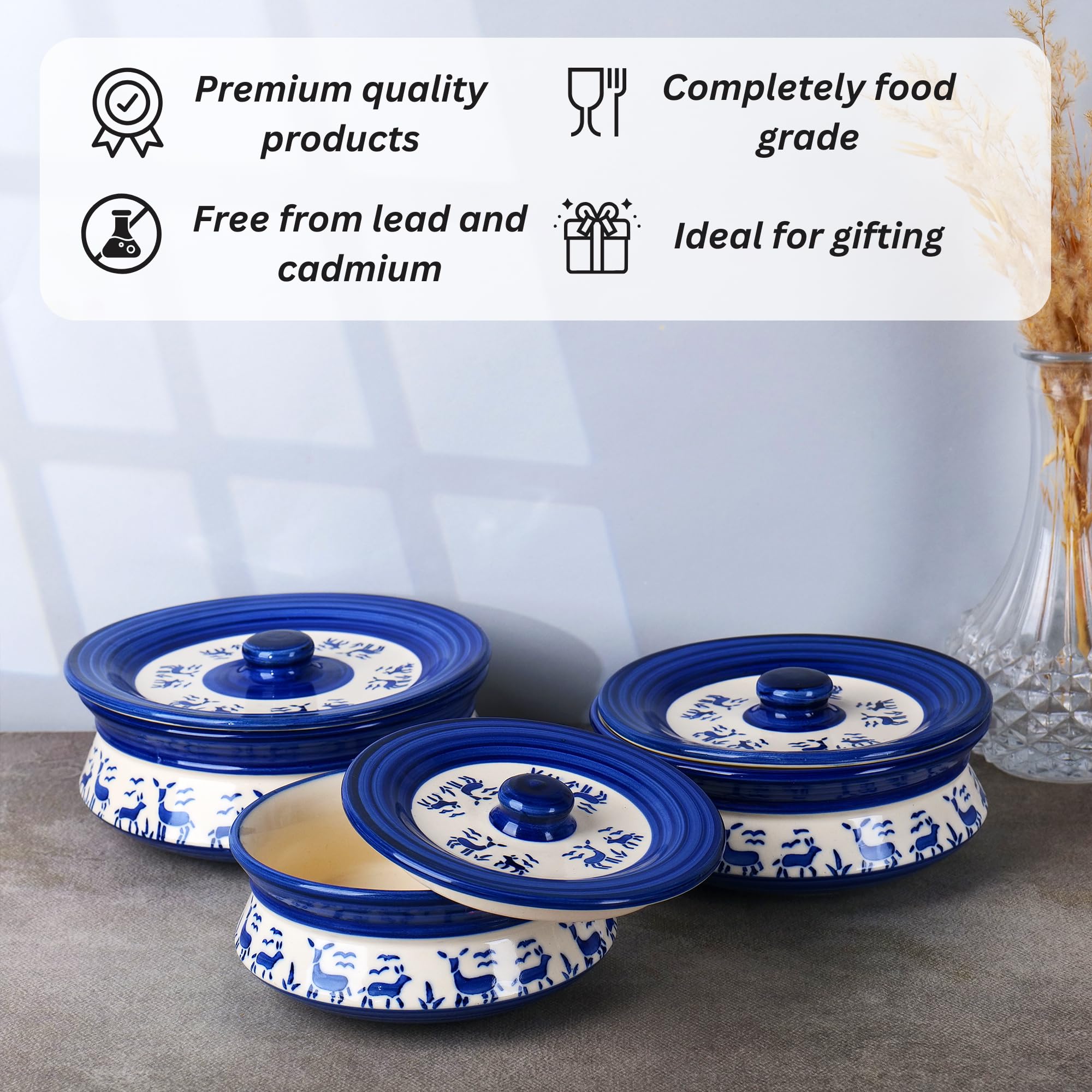 Blue deer printed casserole set of 3
